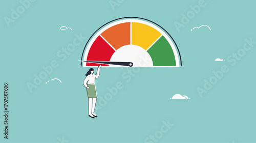 poor performance employee with woman office worker hanging on the needle measuring low performance, bad rating evaluation, laziness in improving the quality of performance
