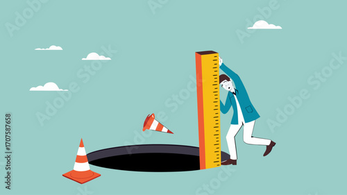 risk estimation, estimate business risk, businessman using a ruler measures the depth of a hole on the road
