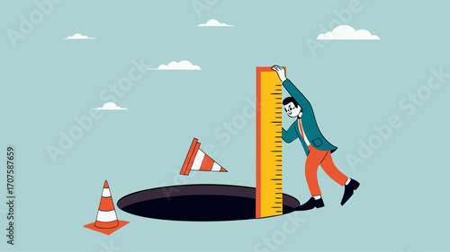 risk estimation, estimate business risk, businessman using a ruler measures the depth of a hole on the road