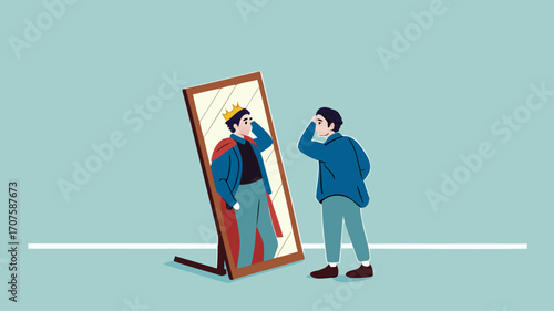 Illustration of a businessman looking in the mirror with the image of himself being a king suitable for describing leadership, confident, know yourself flat design vector illustration