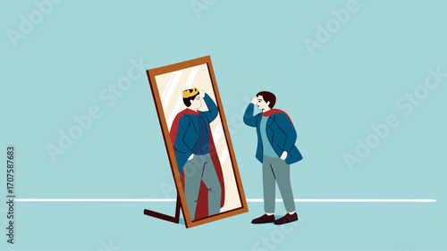 Illustration of a businessman looking in the mirror with the image of himself being a king suitable for describing leadership, confident, know yourself flat design vector illustration