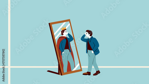 Illustration of a businessman looking in the mirror with the image of himself being a king suitable for describing leadership, confident, know yourself flat design vector illustration