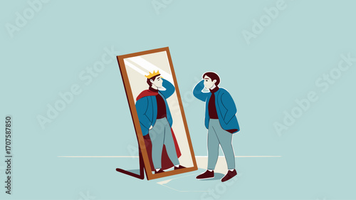 Illustration of a businessman looking in the mirror with the image of himself being a king suitable for describing leadership, confident, know yourself flat design vector illustration