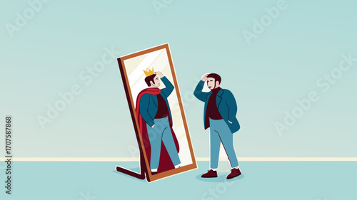 Illustration of a businessman looking in the mirror with the image of himself being a king suitable for describing leadership, confident, know yourself flat design vector illustration