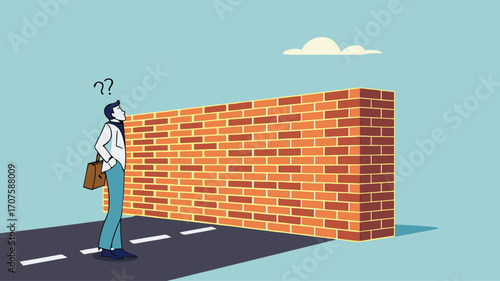 businessman facing the wall concept illustration, business obstacle and barrier concept, Businessman Stand with Dizzy Head front of High Brick Wall Face Difficulty on Way to Goal Achievement concept