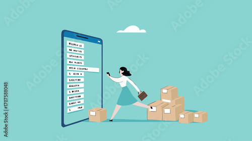 sell products online on e-commerce website or online shop application, get new order, technology for selling on the internet, happy businesswoman gets lots of new orders with packages ready to be sent