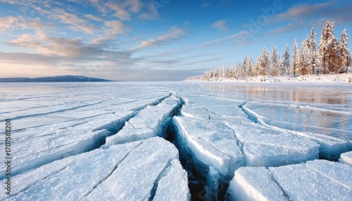 Stunning Frozen Landscape Featuring Massive Cracks in a Snow-Covered Lake During Winter Season