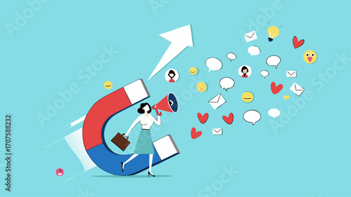 product attractiveness, good product quality to generate positive feedback or repeat orders, promotions with product advantages concept, Businesswoman use megaphones and magnets to attract customers