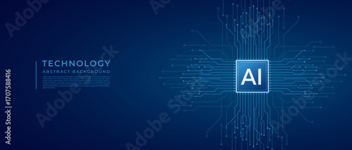 AI chip background on technology blue background. Circuit board. Ai Tech bg. Artificial intelligence concept. Vector polygonal wireframe illustration. Free text space. Semiconductor or CPU processor.
