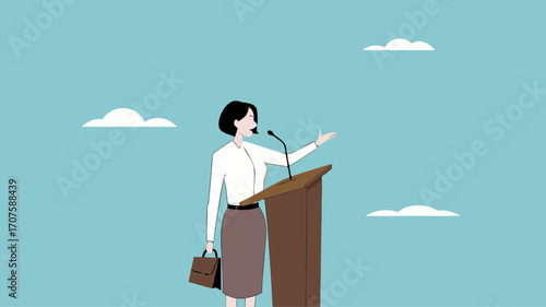 public speaking skills, executive management skill to communicate with employee, , illustration of a person expressing an opinion, business woman makes a speech giving direction to employees