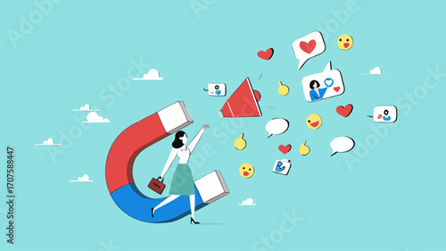 product attractiveness, good product quality to generate positive feedback or repeat orders, promotions with product advantages concept, Businesswoman use megaphones and magnets to attract customers