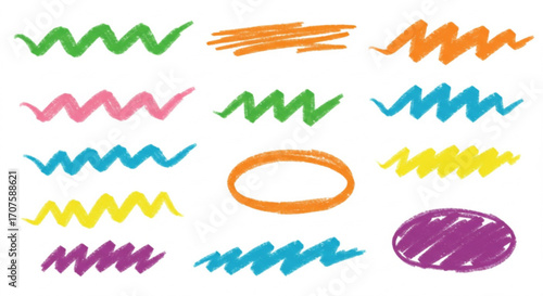 Vibrant crayon strokes and shapes, perfect for adding a playful touch to creative designs and projects