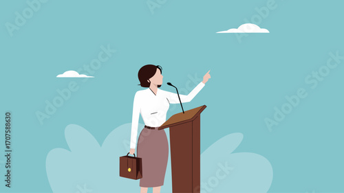 public speaking skills, executive management skill to communicate with employee, , illustration of a person expressing an opinion, business woman makes a speech giving direction to employees
