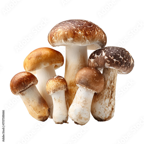Group of various mushrooms, different shades of brown and tan