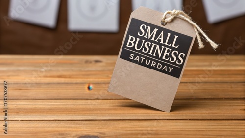 small business black friday Tag promoting Small Business Saturday on a rustic wooden table.