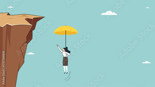insurance, health or life insurance, guarantee or personal protection from the dangers of accident or disease, business woman survived using an insurance umbrella when he fell from a cliff