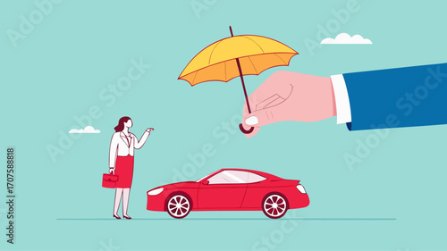 car insurance or insurance against driving accident, automobile protection concept, assurance cover for transportation accident, big businesswoman hand protects the car and its owner from danger
