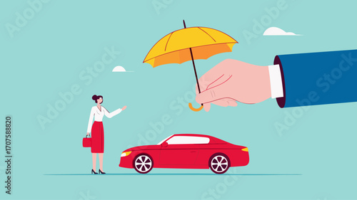 car insurance or insurance against driving accident, automobile protection concept, assurance cover for transportation accident, big businesswoman hand protects the car and its owner from danger