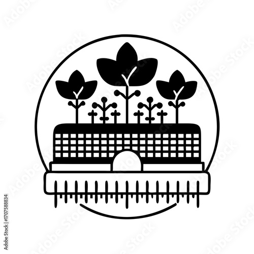 Vector art of urban farming icon representing sustainable agriculture, rooftop gardens, and green infrastructure in city environments