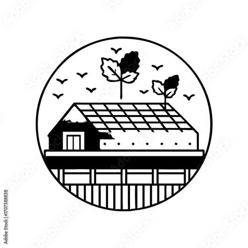 Vector art of hand drawn greenhouse, a structure for growing plants with leaves and birds in a circular design