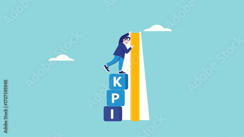 KPI, key performance indicator measurement to evaluate business success illustration with concept of businessman who is measuring a stack of KPI boxes to measure business performance illustration