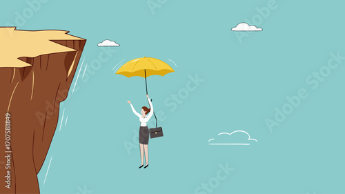 insurance, health or life insurance, guarantee or personal protection from the dangers of accident or disease, business woman survived using an insurance umbrella when he fell from a cliff
