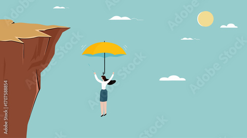 insurance, health or life insurance, guarantee or personal protection from the dangers of accident or disease, business woman survived using an insurance umbrella when he fell from a cliff