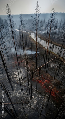 A high-angle view of a devastated forest floor, scarred by wildfire, with blackened trees and patches of smoldering ash, reflecting on the tranquil waters of a creek.