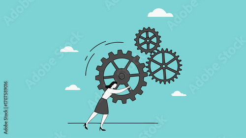 business driver, manager of business management or strategy, leadership skill, smart business woman turns gears to drive business turnover concept vector illustration