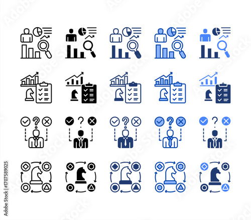 Competitor analysis,Decision making,Planning,Adaptation, multiple style icon set.