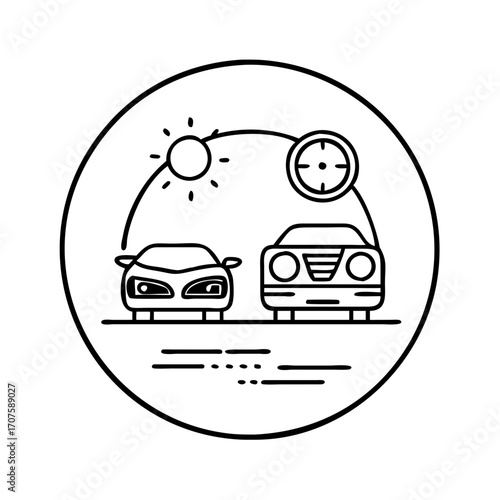 Vector art of car sharing icon showing two cars, sun, and clock inside a circle concept of time and distance carpooling