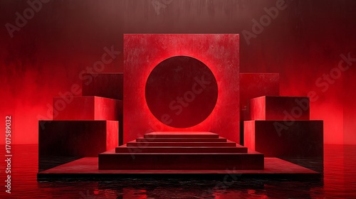 3d rendering of red abstract geometric background. Scene for advertising, technology, showcase, banner, game, sport, cosmetic, business, metaverse. Sci-Fi Illustration. Product display