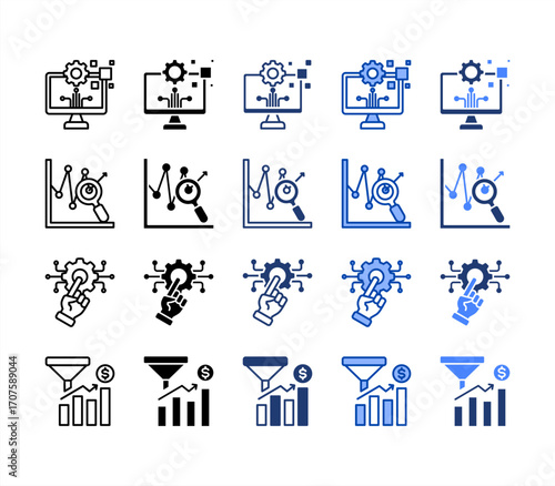 Digital transformation,Technology,Market research,Optimization, multiple style icon set.