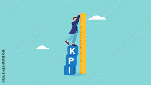 KPI, key performance indicator measurement to evaluate business success illustration with concept of businessman who is measuring a stack of KPI boxes to measure business performance illustration