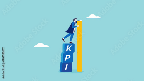 KPI, key performance indicator measurement to evaluate business success illustration with concept of businessman who is measuring a stack of KPI boxes to measure business performance illustration