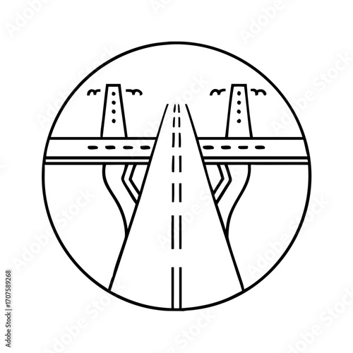 Vector art of minimalist line art illustration of a highway overpass inside a circle, the bridge spans over a road, creating a modern transportation icon