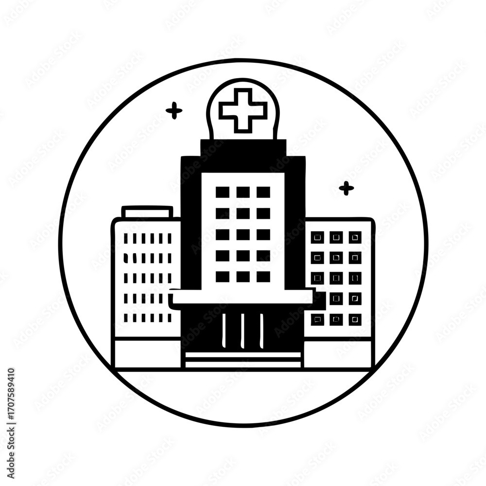 Obraz premium Illustration of a hospital building, featuring a cross symbol on top, in a circle, representing healthcare