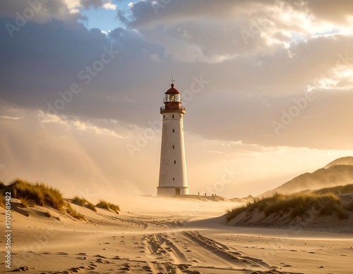 Fototapeta Naklejka Na Ścianę i Meble -  Lighthouse on a sandy beach at sunset