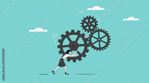 business driver, manager of business management or strategy, leadership skill, smart business woman turns gears to drive business turnover concept vector illustration