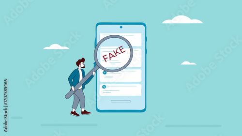 caution illustration with the concept of a businessman examining fraudulent messages using a magnifier, fraudulent messages concept illustration, the lure of fake gifts concept illustration