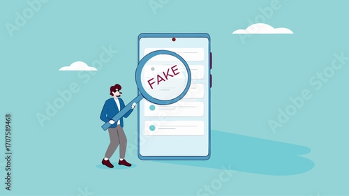 caution illustration with the concept of a businessman examining fraudulent messages using a magnifier, fraudulent messages concept illustration, the lure of fake gifts concept illustration
