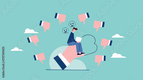 poor work performance illustration with the concept of businessman surrounded by people giving thumbs down, cheerful young man is surrounded by hands with thumbs down, negative opinion concept design