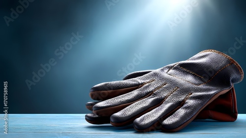 Elegant Leather Gloves on Blue Wooden Surface with Dramatic Lighting