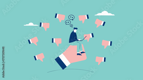 poor work performance illustration with the concept of businessman surrounded by people giving thumbs down, cheerful young man is surrounded by hands with thumbs down, negative opinion concept design