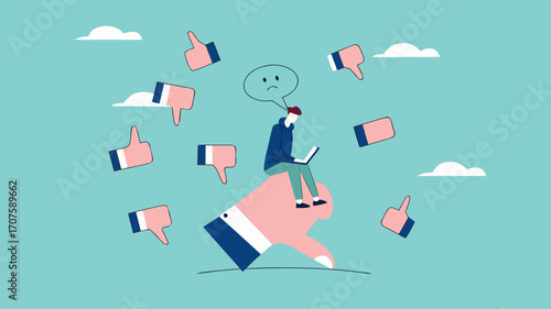 poor work performance illustration with the concept of businessman surrounded by people giving thumbs down, cheerful young man is surrounded by hands with thumbs down, negative opinion concept design