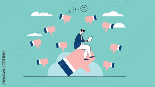 poor work performance illustration with the concept of businessman surrounded by people giving thumbs down, cheerful young man is surrounded by hands with thumbs down, negative opinion concept design