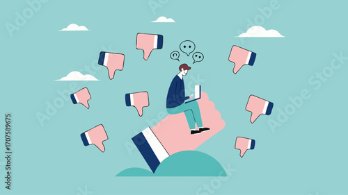 poor work performance illustration with the concept of businessman surrounded by people giving thumbs down, cheerful young man is surrounded by hands with thumbs down, negative opinion concept design