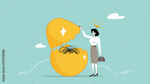 investment fraud, stock market investment scam, Stunned businesswoman investors open fake egg investment containing messy lines