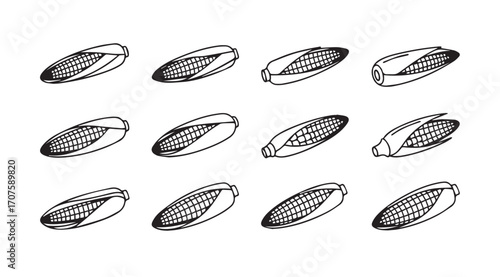 A collection of hand drawn corn cob silhouettes in a grid layout