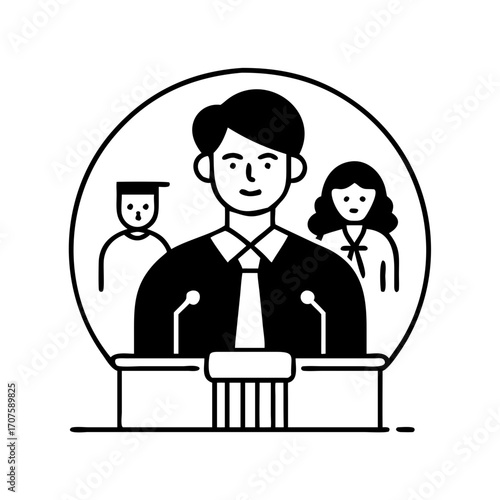 Vector art of a political speech, featuring a speaker at a podium with an audience, representing leadership and public address